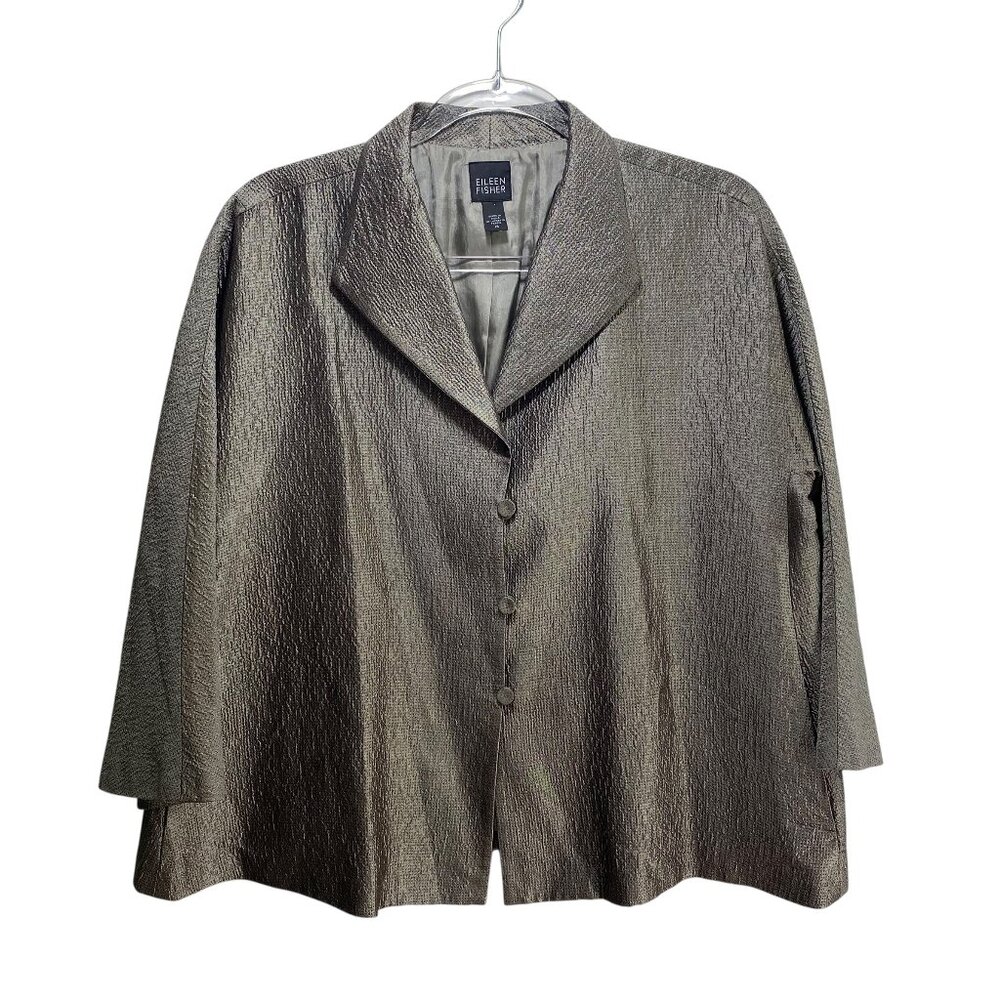 Eileen Fisher Silk Matrix Jacket Blazer Cardi Gold M Lagenlook Minimalist Pocket